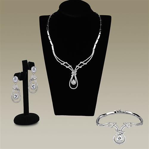 JCE1095 Rhodium Brass Jewelry Sets with AAA Grade CZ  in Clear