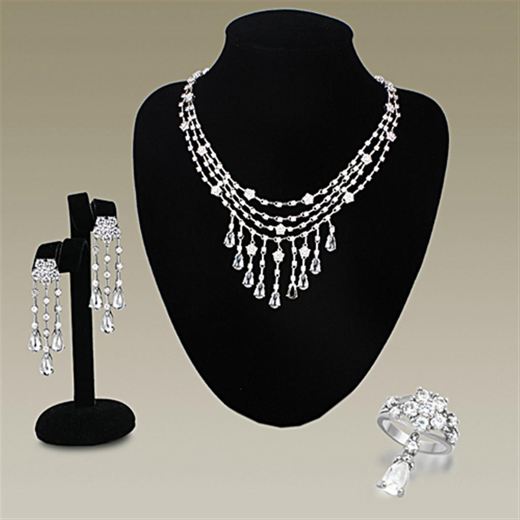 JCE3076 Rhodium Brass Jewelry Sets with AAA Grade CZ  in Clear