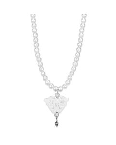 JCE3821 Antique Silver White Metal Necklace with Synthetic Glass Bead in White
