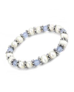 JCE4652 Antique Silver White Metal Bracelet with Synthetic Pearl in Sea Blue