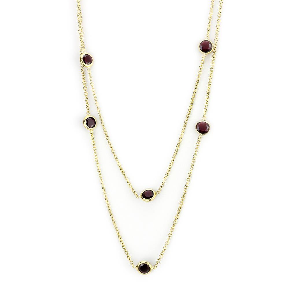 JCE4702 Gold Brass Necklace with AAA Grade CZ  in Garnet