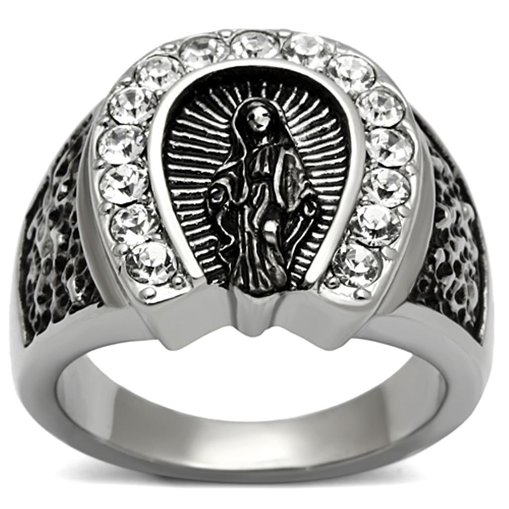 JCE942 High polished (no plating) Stainless Steel Ring with Top Grade Crystal  in Clear