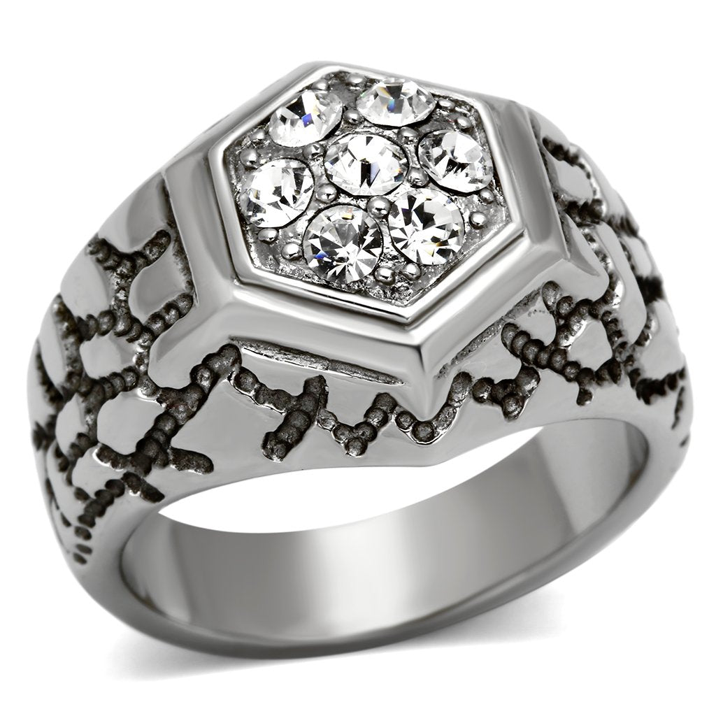 JCE960 High polished (no plating) Stainless Steel Ring with Top Grade Crystal  in Clear