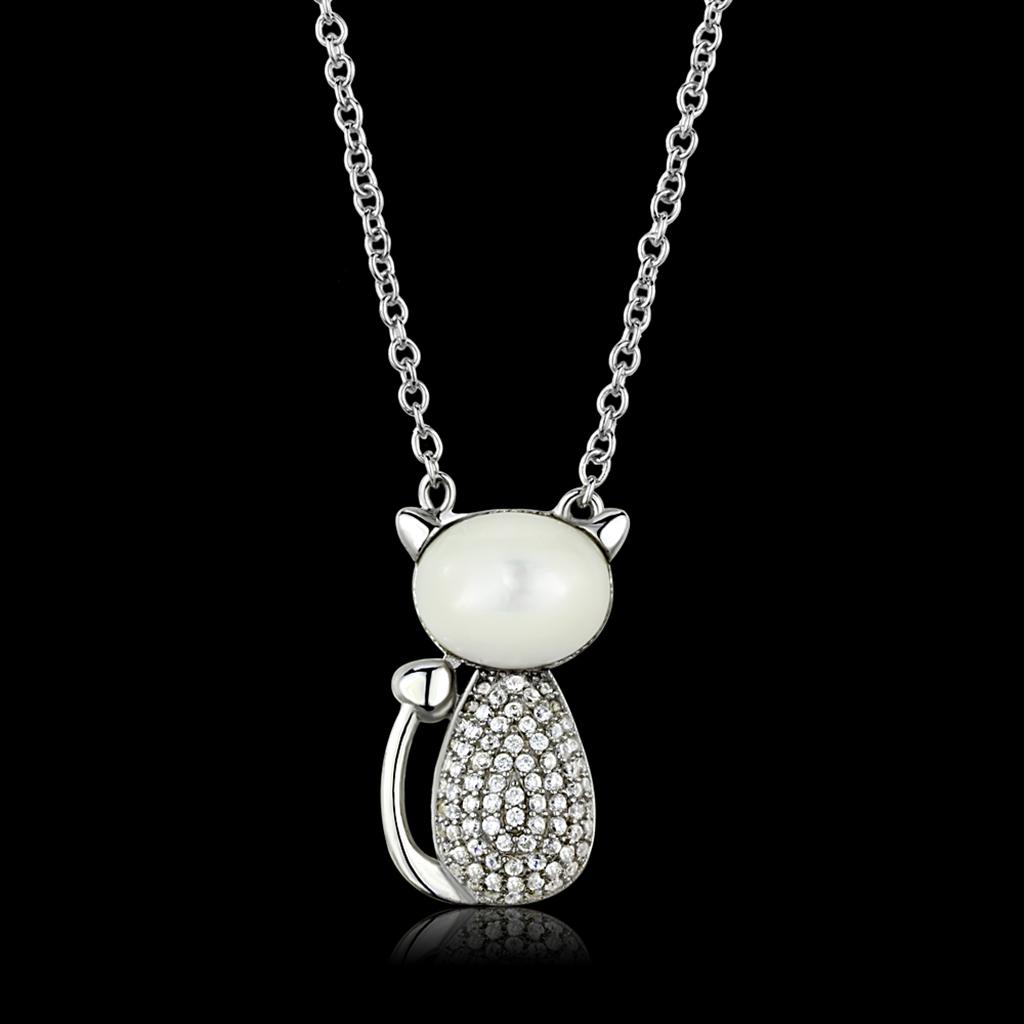 JCE410 Rhodium 925 Sterling Silver Chain Pendant with Synthetic Synthetic Glass in Clear